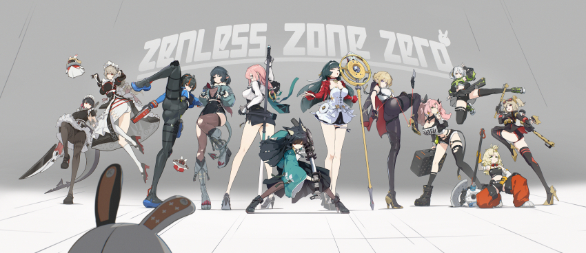 6+girls absurdres alexandrina_sebastiane anby_demara astra_yao asymmetrical_legwear bangboo_(zenless_zone_zero) black_boots black_gloves black_hair black_pants black_pantyhose black_shoes black_socks black_thighhighs blonde_hair boots breasts brown_hair brown_pantyhose brown_thighhighs burnice_white cleavage closed_eyes closed_mouth copyright_name dress ellen_joe evelyn_chevalier full_body gloves grey_hair hairband high_heels highres holding holding_weapon hoshimi_miyabi jane_doe_(zenless_zone_zero) jumping knee_boots long_hair long_sleeves looking_at_viewer maid multicolored_hair multiple_girls nicole_demara open_mouth pants pantyhose pink_hair piper_wheel red_hair rimeye shirt shoes short_hair socks standing standing_on_one_leg streaked_hair thighhighs tight_clothes tight_pants torn_clothes torn_thighhighs tsukishiro_yanagi twintails uneven_legwear weapon white_dress white_hairband white_pantyhose white_shirt white_socks zenless_zone_zero zhu_yuan