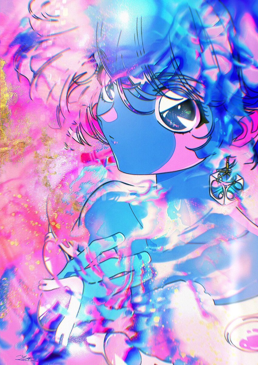 1990s_(style) 1girl abstract abstract_background bare_shoulders colored_skin colorful cube_earrings earrings gloves hair_between_eyes highres jewelry looking_at_viewer multicolored_hair multicolored_skin original paint_splatter psychedelic reflection reflective_water retro_artstyle short_hair solo sparkle warped yo-co