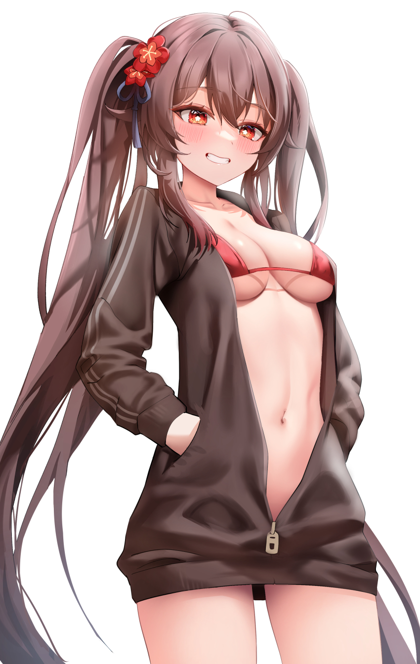 1girl absurdres bikini black_jacket blush breasts brown_hair center_opening collarbone genshin_impact grin highres hu_tao_(genshin_impact) jacket long_hair long_sleeves looking_at_viewer navel rable red_bikini red_eyes small_breasts smile solo swimsuit symbol-shaped_pupils twintails very_long_hair