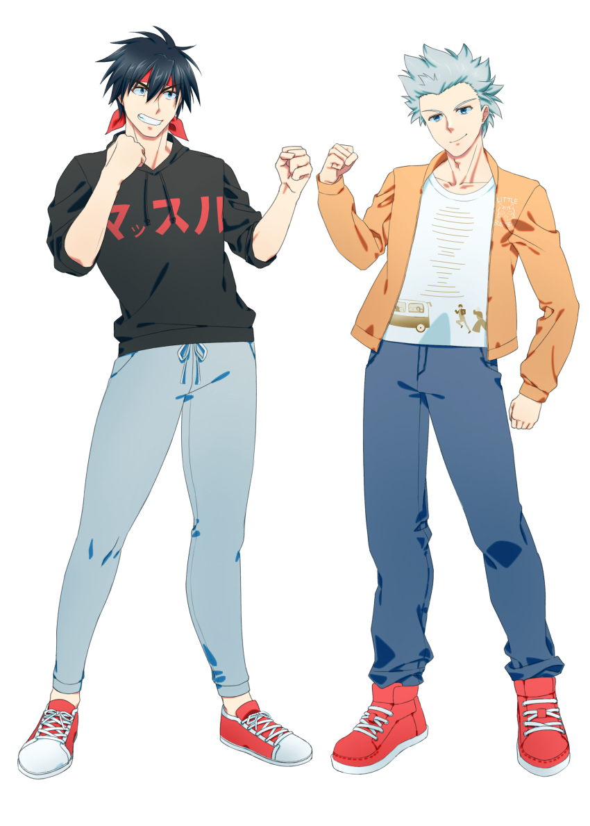 2boys absurdres alternate_costume animal_print black_hair black_hoodie blue_eyes brown_jacket casual cat_print clenched_hands closed_mouth clothes_writing commentary copyright_name denim full_body grey_hair grin hand_up hands_up headband highres hood hood_down hoodie inohara_masato jacket jeans little_busters! long_sleeves looking_at_viewer male_focus miyazawa_kengo multiple_boys natsuoto_rito open_clothes open_jacket pants red_footwear red_headband shirt shoes short_hair side-by-side simple_background sleeves_rolled_up smile sneakers spiked_hair standing tachi-e v-shaped_eyebrows white_background white_shirt