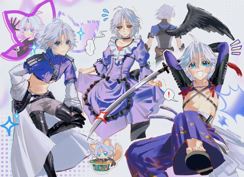 1boy absurdres aged_down alternate_costume animal_ears belt black_bow black_footwear black_wings blue_eyes blush boots bow chibi chibi_inset choker closed_mouth cosplay crossdressing donbei_kitsune_udon dress embarrassed eyelashes final_fantasy final_fantasy_vii final_fantasy_vii_ever_crisis fox_ears fox_tail frills happy heart highres holding holding_sword holding_weapon izumorisu japanese_clothes katana kuja kuja_(cosplay) male_focus multiple_views nissin nissin_cup_noodle nissin_donbei official_alternate_costume open_mouth purple_dress sephiroth sephiroth_(celebratory_garb) sephiroth_(ever_crisis) sephiroth_(kuja&#039;s_attire) short_hair single_wing sparkle sword tail twitter_username waving weapon white_hair wings