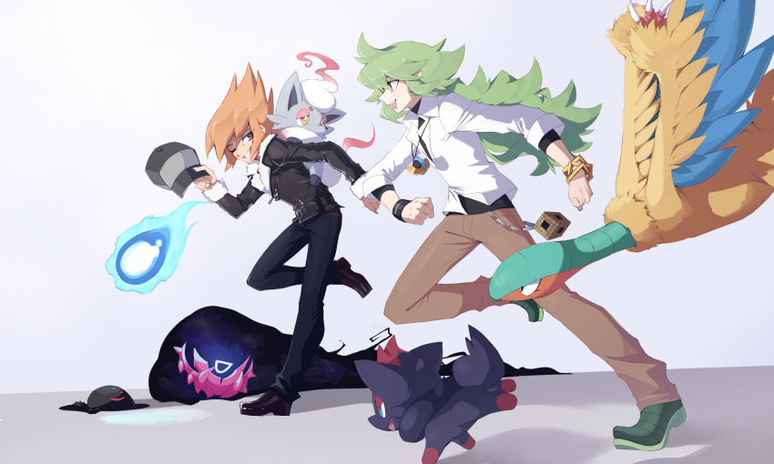 2boys archeops black_coat black_hat black_shirt bracelet brown_shoes character_request clenched_hands coat crossover dress_shirt facing_to_the_side flying fur-trimmed_coat fur-trimmed_sleeves fur_trim gen_5_pokemon gold_bracelet green_hair green_shoes grey_eyes grin hair_slicked_back hat highres hisuian_zorua holding holding_unworn_clothes holding_unworn_hat jewelry khaki_pants long_bangs looking_at_another male_focus multiple_boys n_(pokemon) nintendo nuumigranate one_eye_closed open_mouth orange_hair pokemon pokemon_(creature) pokemon_bw ponytail rubik&#039;s_cube running shirt shirt_under_shirt shoes sleeves_rolled_up smile spiked_hair unbuttoned unbuttoned_shirt untucked_shirt unworn_hat unworn_headwear vector_(yu-gi-oh!) wallet_chain white_background white_shirt yu-gi-oh! yu-gi-oh!_zexal zorua