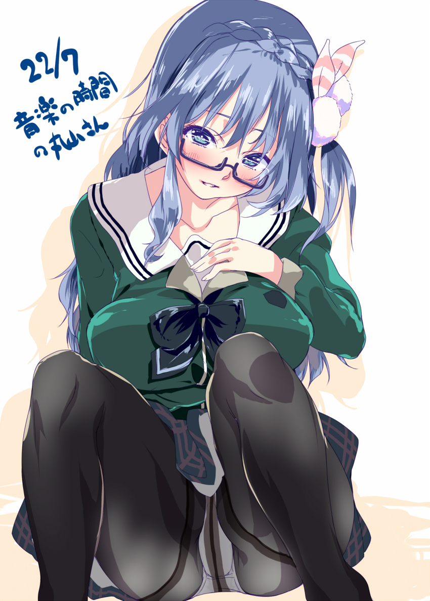 1girl 22/7 22/7_ongaku_no_jikan black-framed_eyewear black_bow black_bowtie black_pantyhose black_skirt blue_eyes blue_hair bow bowtie braid character_name collarbone feet_out_of_frame green_shirt hair_ornament hair_ribbon highres kisairo_kaede light_blue_hair long_sleeves maruyama_akane panties panties_under_pantyhose pantyhose parted_lips plaid_clothes plaid_skirt pleated_skirt rectangular_eyewear ribbon rokubanchou_school_uniform sailor_collar school_emblem school_uniform semi-rimless_eyewear serafuku shirt single_braid sitting skirt smile solo under-rim_eyewear underwear white_background white_sailor_collar winter_uniform
