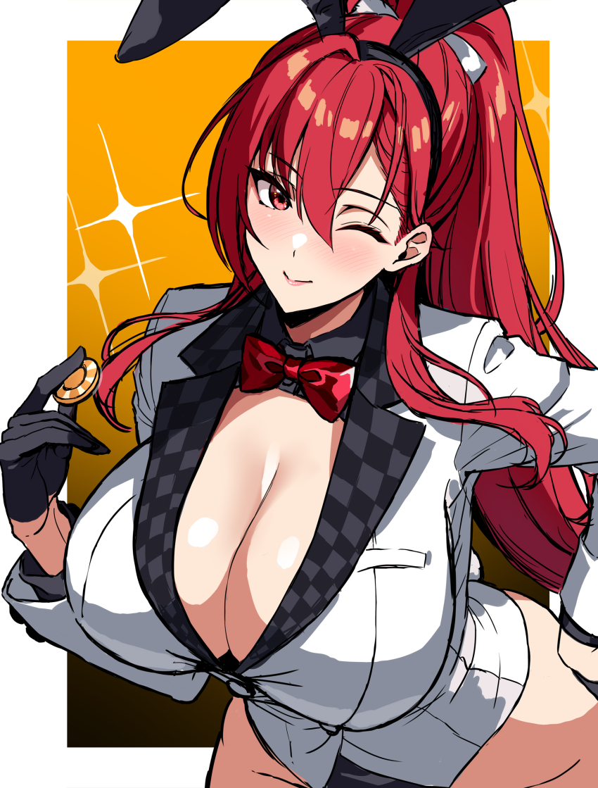 1girl alternate_costume animal_ears black_gloves blush bow bowtie breasts cleavage fake_animal_ears formal_clothes gloves hagiwara_tasuku high_ponytail highres hostess huge_breasts leotard long_hair nontraditional_playboy_bunny original ponytail rabbit_ears red_bow red_bowtie red_eyes red_hair suit white_suit