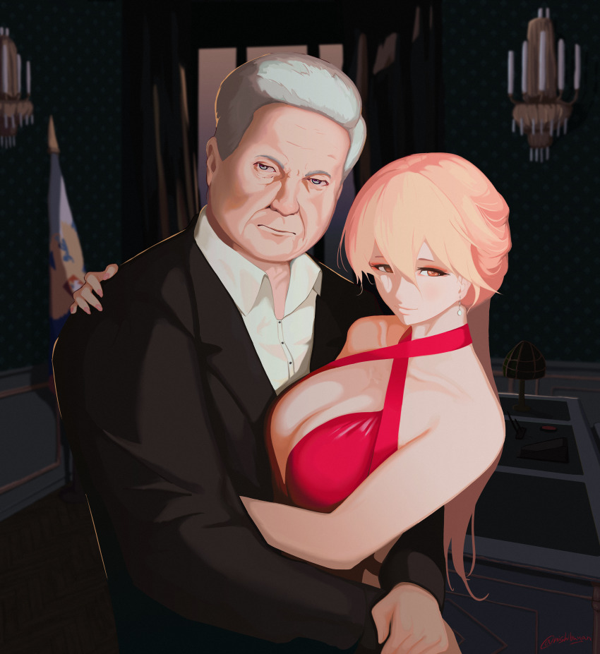 1boy 1girl absurdres blonde_hair boris_yeltsin cabinet collared_shirt dress girls&#039;_frontline grey_hair highres nishibuya official_alternate_costume old old_man ots-14_(girls&#039;_frontline) real_life red_dress russian_flag shirt upper_body white_shirt yellow_eyes