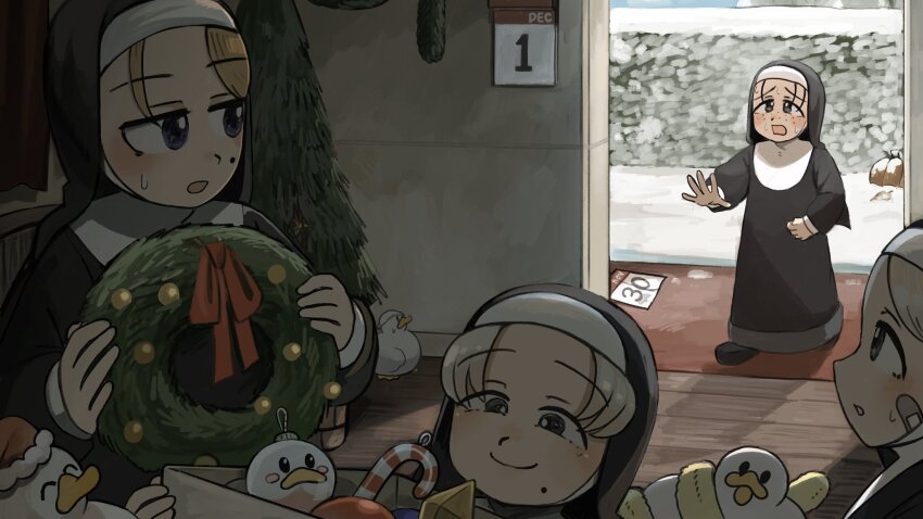 4girls aged_down bandaid bandaid_on_face bird black_footwear black_hair blonde_hair blue_eyes calendar_(object) chicken christmas_tree christmas_wreath commentary diva_(hyxpk) duck english_commentary freckles freckles_nun_(diva) grey_hair habit hat hedge highres holding holding_wreath leaf_nun_(diva) little_nuns_(diva) mole mole_on_cheek mole_under_mouth multiple_girls nun santa_hat slice_of_life smile smug_nun_(diva) snow strict_nun_(diva) traditional_nun wreath