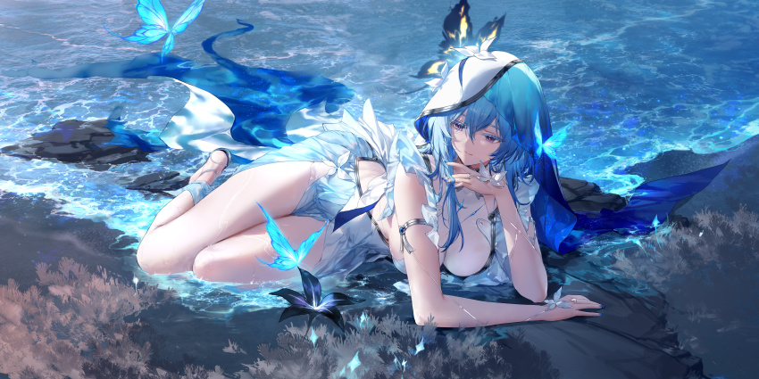 1girl absurdres armlet bare_legs black_flower blake_bloom_(wuthering_waves) blue_butterfly blue_hair blue_nails blue_veil breasts bug butterfly chinese_commentary closed_mouth colored_eyelashes commentary_request dress flower hair_ornament hand_up highres insect jewelry large_breasts legs looking_to_the_side nail_polish purple_eyes shore shorekeeper_(wuthering_waves) sleeveless sleeveless_dress smile solo swd3e2 two-tone_veil veil water white_dress white_veil wuthering_waves