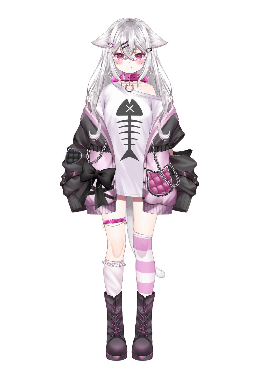 1girl absurdres animal_ears asymmetrical_legwear black_footwear black_jacket boots cat_ears cat_girl cat_tail collar detached_sleeves erunoto fang fang_out fish_skeleton_print full_body highres indie_virtual_youtuber jacket kneehighs long_hair long_sleeves looking_at_viewer mismatched_legwear mitarai_komoru multicolored_jacket off_shoulder open_clothes open_jacket pink_collar pink_eyes pink_jacket shirt simple_background single_bare_shoulder single_detached_sleeve single_kneehigh single_sock sleeves_past_fingers sleeves_past_wrists socks standing striped_clothes striped_socks tail thigh_strap two-tone_jacket virtual_youtuber white_background white_hair white_shirt white_socks