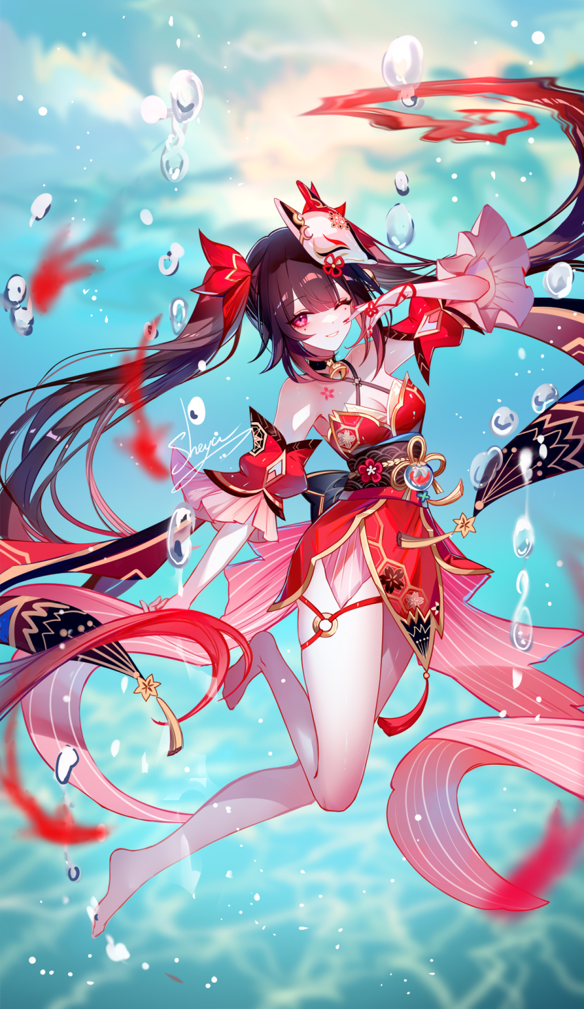 1girl air_bubble artist_name bare_legs barefoot bell black_choker black_hair black_sash breasts bubble chest_tattoo choker cleavage detached_sleeves dress facial_mark grin highres honkai:_star_rail honkai_(series) jingle_bell long_hair looking_at_viewer mark_under_eye mask mask_on_head medium_breasts nail_polish neck_bell obi one_eye_closed pink_eyes red_nails sash sheya short_dress short_sleeves signature smile solo sparkle_(honkai:_star_rail) tattoo thighs underwater very_long_hair