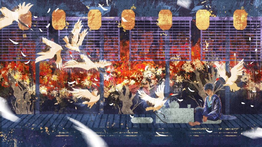 1boy autumn bird blinders blue_hakama blue_kimono chabudai_(table) closed_eyes closed_mouth commentary crane_(animal) cup cushion english_commentary expressionless feathers flock full_body grey_hair hakama hakama_pants haori highres iccol_c indoors jacket japanese_clothes kimono lantern long_sleeves male_focus original own_hands_together pants paper_lantern purple_jacket short_hair short_kimono sitting solo striped_clothes striped_jacket striped_sleeves table teapot tree vertical-striped_clothes vertical-striped_jacket wide_sleeves yunomi zabuton