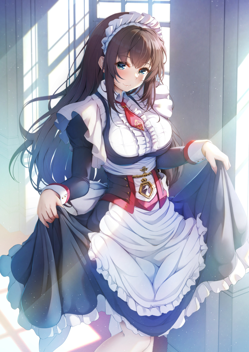 1girl apron azur_lane blue_eyes brown_hair clothes_lift corset cowboy_shot curacoa_(azur_lane) dress frilled_apron frilled_hairband frills hairband highres imo_bouya indoors long_hair looking_at_viewer maid maid_headdress necktie red_necktie solo standing white_apron window