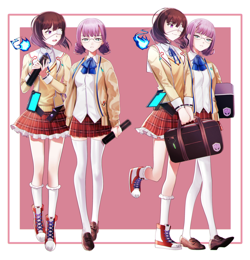 2girls absurdres bag blue_fire brown_hair drill_hair eyepatch fire glasses green_eyes handbag heaven_burns_red highres higuchi_seika hiiragi_kozue jacket kjhg1108 long_sleeves medium_hair multiple_girls multiple_views one_eye_covered plaid_clothes plaid_skirt purple_eyes purple_hair red_skirt ribbon skirt twin_drills