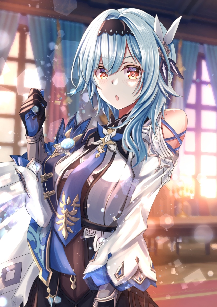 1girl black_gloves black_hairband black_unitard blue_hair blue_necktie breasts commentary_request curtains eula_(genshin_impact) genshin_impact gloves hairband highres indoors light_particles long_sleeves looking_at_viewer medium_breasts nakura_haru necktie open_clothes solo upper_body vision_(genshin_impact) window yellow_eyes