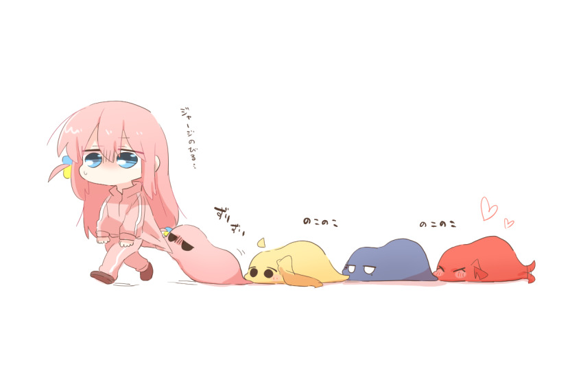 1girl blue_eyes bocchi_the_rock! brown_shoes chibi chibi_only clothes_pull commentary_request cube_hair_ornament full_body gotoh_hitori gotoh_hitori_(tsuchinoko) hair_between_eyes hair_ornament ijichi_nijika jacket jacket_pull kita_ikuyo long_hair long_sleeves no_mouth one_side_up pants pink_hair pink_jacket pink_pants pink_track_suit rebecca_(keinelove) shoes simple_background track_jacket track_suit translation_request walking white_background yamada_ryo