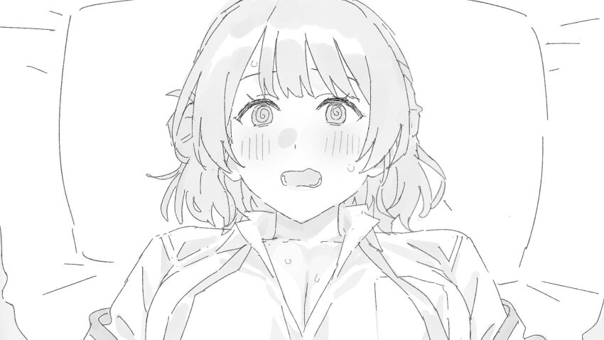 1girl @_@ blush breasts cardigan_pull cleavage collared_shirt dress_shirt gakuen_idolmaster hair_bun half_updo hanami_ume hatsuboshi_gakuen_school_uniform highres idolmaster lower_teeth_only lying mikazuchi_zeus neck_ribbon off_shoulder on_back pillow ribbon school_uniform shirt single_side_bun solo sweat teeth untied_ribbon wavy_mouth