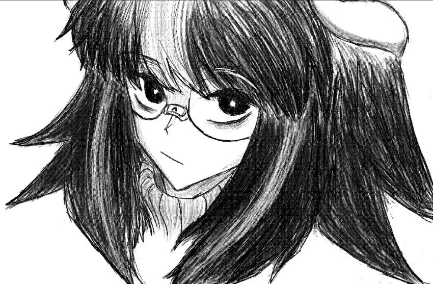 1girl bags_under_eyes bandage_on_nose black_eyes black_hair bright_pupils glasses hair_over_eyes horns looking_at_viewer looking_up medium_hair multicolored_hair original pointy_nose round_eyewear sadleyn sidelocks solo streaked_hair turtleneck white_background white_horns white_pupils