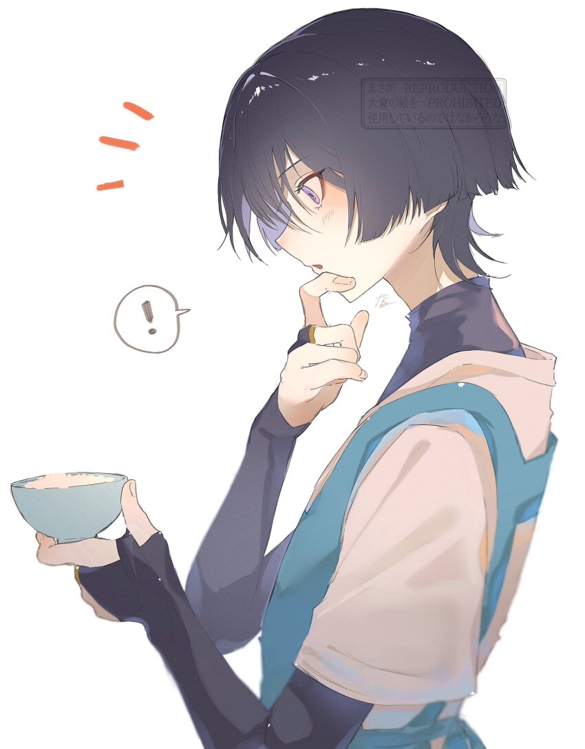 ! 1boy adam&#039;s_apple apron black_bodysuit black_bridal_gauntlets black_hair blue_apron blunt_ends bodysuit bowl bridal_gauntlets choppy_bangs eyelashes eyeliner eyeshadow finger_to_face fingernails from_side genshin_impact gold_ring highres holding holding_bowl japanese_clothes kimono light_blush looking_at_food looking_down makeup male_focus middle_ring nero_hanken notice_lines open_mouth profile purple_eyes red_eyeliner red_eyeshadow rice rice_bowl scaramouche_(genshin_impact) short_sleeves solo spoken_exclamation_mark turtleneck turtleneck_bodysuit upper_body wanderer_(genshin_impact) watermark white_background white_kimono white_sleeves