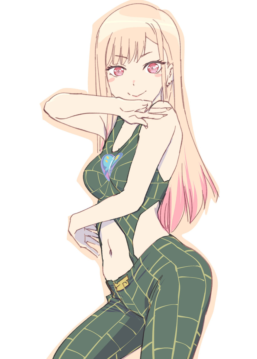 1girl blonde_hair closed_mouth cosplay ear_piercing green_pants highres jojo_no_kimyou_na_bouken kitagawa_marin kujo_jolyne_(cosplay) kuujou_jolyne long_hair looking_at_viewer multicolored_hair navel pants piercing red_eyes red_hair season_connection simple_background smile solo sono_bisque_doll_wa_koi_wo_suru spider_web_print stone_ocean two-tone_hair ueyama_michirou white_background