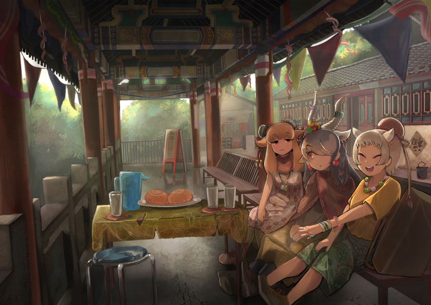 3girls absurdres alternate_costume alternate_hairstyle animal_ears anteater_ears armband backpack bactrian_camel_(kemono_friends) bag bare_arms beads bench black_hair blackbuck_(kemono_friends) braid brown_hair bun_cover camel_ears casual closed_eyes contemporary cup day double_bun dress drinking_glass dromedary_(kemono_friends) earrings extra_ears food grey_hair hair_bun hair_over_one_eye highres horn_ornament horns igarashi_(nogiheta) japari_bun jewelry kemono_friends long_dress long_hair looking_at_another medium_dress medium_skirt multicolored_hair multiple_girls open_mouth outdoors outstretched_arm outstretched_hand pendant plate poncho red_eyes ring shirt shoes short_hair short_sleeves side-by-side single_hair_bun sitting skirt sleeveless sleeveless_dress smile stool swept_bangs table unworn_backpack unworn_bag
