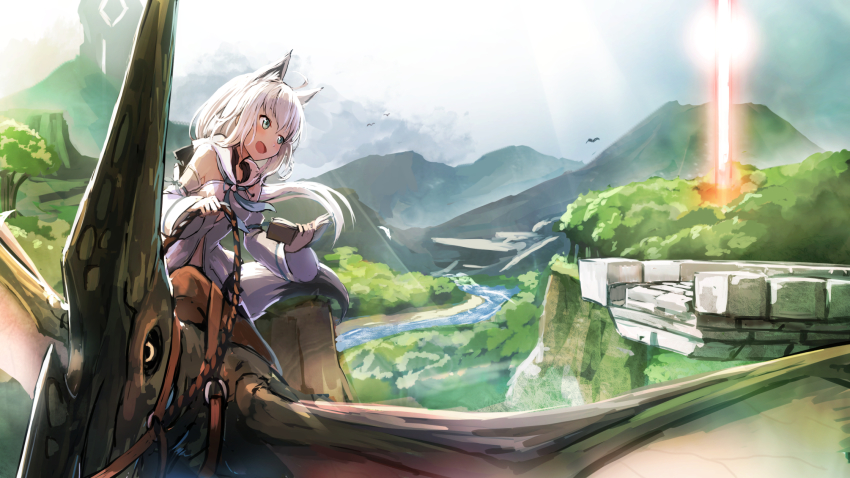 1girl animal_ears animal_request beam bird blue_eyes commentary_request detached_sleeves female_focus flying forest fox_ears highres hololive long_hair mountain namako_(namacotan) nature open_mouth pterosaur river shirakami_fubuki shirakami_fubuki_(1st_costume) sky solo virtual_youtuber
