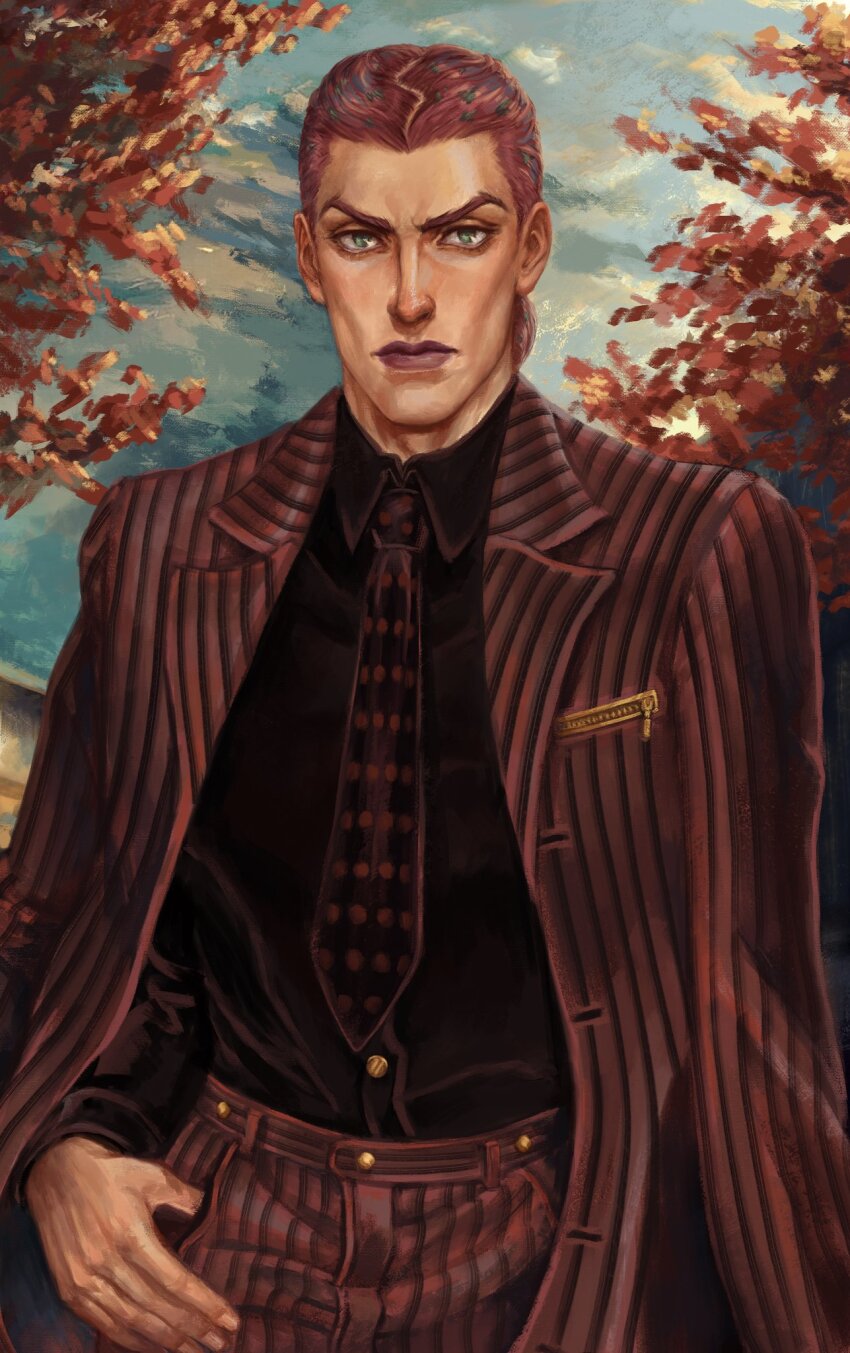 1boy black_necktie black_shirt brown_jacket brown_pants collared_shirt diavolo green_eyes hand_on_own_thigh highres jacket jacket_on_shoulders jojo_no_kimyou_na_bouken jojo_pose lips looking_at_viewer male_focus meginatoris necktie official_alternate_costume pants pink_hair polka_dot polka_dot_hair polka_dot_necktie shirt solo_focus striped_clothes striped_jacket striped_pants tree tuxedo upper_body vento_aureo