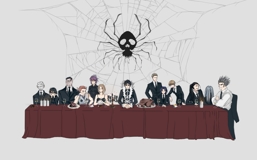 3girls 6+boys absurdres bandaged_head bandages bare_shoulders black_coat black_hair black_jacket black_necktie black_pants blonde_hair blue_hair bonolenov_ndongo bracelet breasts brown_hair candle candlestand chicken_(food) chrollo_lucilfer cleavage coat collared_shirt covered_face cup drinking_glass ebasatrun facepaint facial_mark feitan_portor fine_art_parody food forehead_mark formal_clothes franklin_bordeau frown glasses grey_background grey_hair hair_over_face hair_slicked_back head_rest highres hisoka_morow hunter_x_hunter indoors jacket jewelry juliet_sleeves korutopi long_earlobes long_sleeves machi_komacine meal meat multiple_boys multiple_girls necktie nobunaga_hazama odd_one_out one_eye_covered own_hands_together pakunoda pants parody phinks_magcub plate ponytail puffy_sleeves purple_hair red_hair scar scar_on_face scar_on_forehead shalnark shirt shizuku_murasaki short_hair sideburns silk simple_background sitting sleeveless small_breasts spider_web spiked_hair standing suit tablecloth the_last_supper uvogin widow&#039;s_peak wine_glass