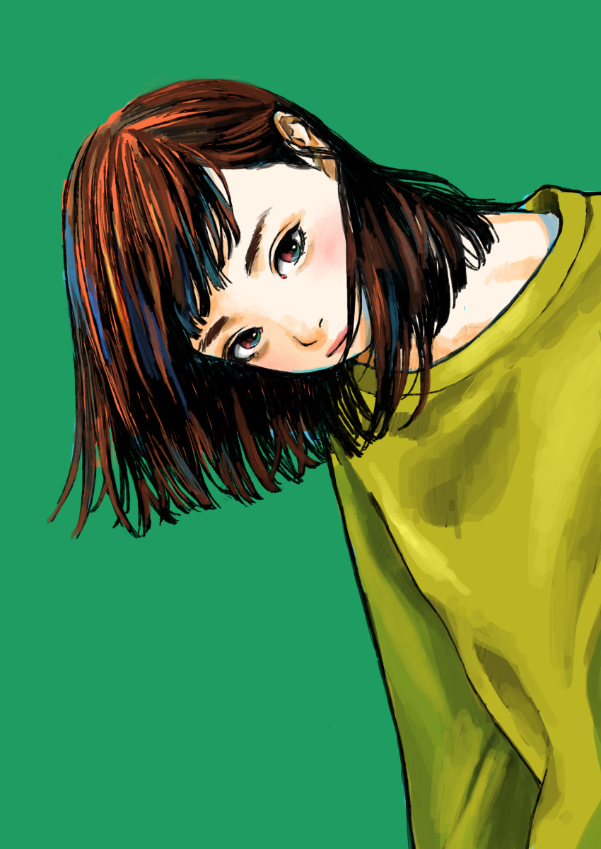 1girl absurdres brown_eyes brown_hair closed_mouth green_background head_tilt highres junjunforever long_sleeves looking_at_viewer medium_hair original shirt short_hair simple_background solo upper_body yellow_shirt