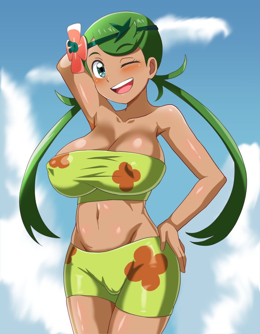 1girl bikini blue_sky blush breasts cloud dark-skinned_female dark_skin flower green_eyes green_hair hair_flower hair_ornament large_breasts mallow_(pokemon) nintendo one_eye_closed pokemon pokemon_(anime) pokemon_sm_(anime) shorts sky su_retro_space swimsuit teeth