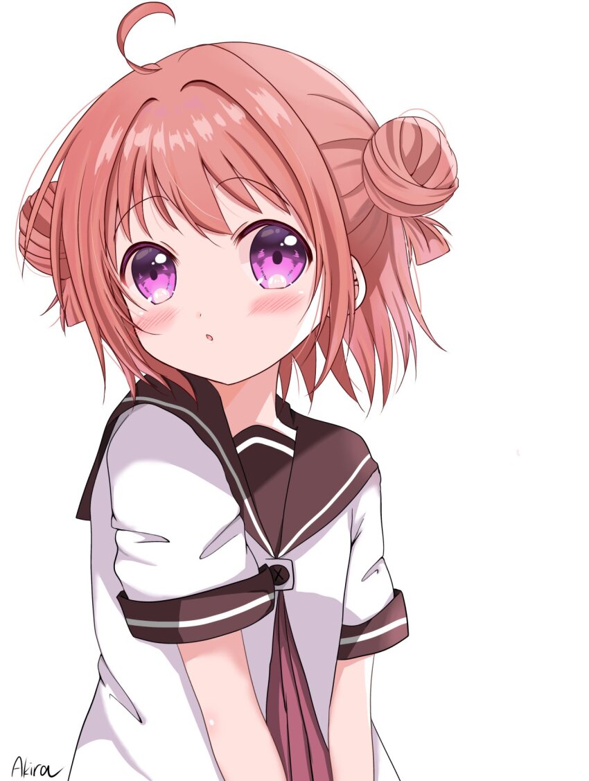 1girl ahoge akaza_akari akira_(aki_raoo) blush commentary_request double_bun hair_bun highres nanamori_school_uniform parted_lips pink_hair purple_eyes sailor_collar school_uniform short_hair short_sleeves solo two_side_up upper_body yuruyuri