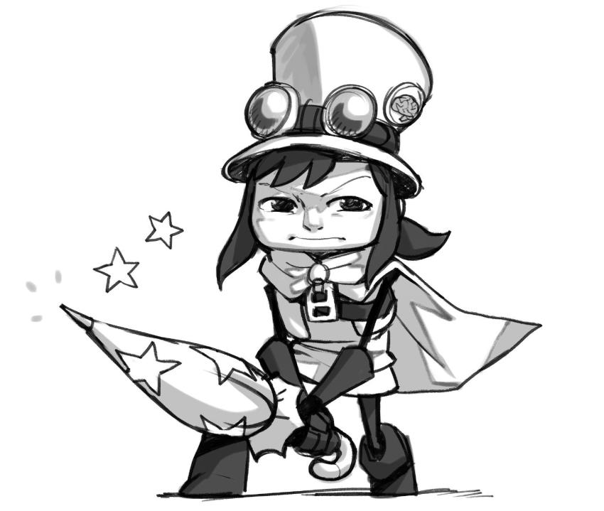 1other a_hat_in_time boots borvar brain cape closed_umbrella crossover full_body fusion gloves goggles goggles_on_headwear greyscale hat hat_kid highres knee_boots monochrome psychonauts razputin_aquato solo top_hat umbrella zipper