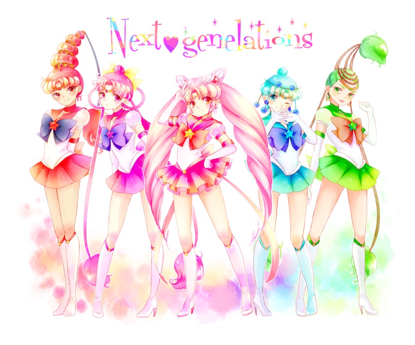 1990s_(style) 5girls aged_up arms_behind_back bishoujo_senshi_sailor_moon bishoujo_senshi_sailor_moon_sailor_stars bishoujo_senshi_sailor_moon_stars bishoujo_senshi_sailor_moon_supers blue_dress blue_eyes blue_hair blue_sailor_collar blue_skirt boots bow brooch cerecere_(sailor_moon) chibi_usa cone_hair_bun double_bun dress earrings elbow_gloves english_text engrish_text full_body gloves green_dress green_eyes green_hair green_skirt hair_bun hair_ornament hair_rings hairpin hand_on_own_hip hip_focus jewelry junjun_(sailor_moon) knee_boots long_hair magical_girl multi-tied_hair multiple_girls one_eye_closed pallapalla_(sailor_moon) pink_dress pink_eyes pink_hair pink_skirt pleated_skirt ranguage red_dress red_eyes red_hair red_skirt retro_artstyle ribbon sailor_ceres sailor_chibi_moon sailor_collar sailor_juno sailor_pallas sailor_senshi sailor_vesta short_hair single_hair_bun skirt smile star_brooch super_sailor_chibi_moon_(stars) tiara torao_(torakmn) twintails v vesves_(sailor_moon) white_footwear white_gloves wink yellow_bow