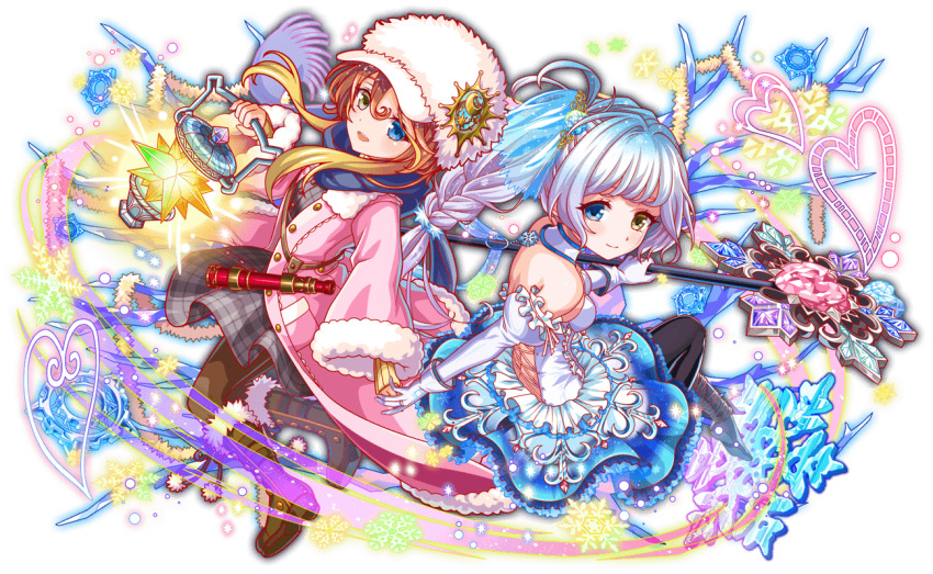 2girls alternate_costume alternate_hairstyle anime_coloring aqua_eyes aqua_hair aqua_skirt artist_request bare_shoulders bare_tree black_pantyhose blonde_hair blue_gemstone blue_sky boots braid braided_ponytail branch breasts brown_footwear brown_pantyhose buttons cabbie_hat center_frills closed_mouth coat collar collared_coat crash_fever crescent crescent_ornament cross-laced_clothes cross-laced_dress detached_collar detached_sleeves dress frilled_skirt frilled_sleeves frills full_body fur_hat galilei_(crash_fever) galileo_(crash_fever) game_cg gem gloves gold_buttons gold_ring gradient_clothes gradient_skirt green_outline grey_dress hair_intakes hair_tie half_updo hat hat_ornament heart heart-shaped_gem heart-shaped_hole holding holding_lantern holding_staff jewelry juliet_sleeves knee_boots lace-trimmed_coat lace_trim lantern light_brown_hair light_particles long_sideburns long_sleeves looking_at_viewer medium_breasts multicolored_hair multiple_girls number_print numbered octagram official_alternate_costume official_alternate_hairstyle official_art open_clothes open_coat open_mouth outline pantyhose parted_lips pink_coat pink_gemstone pink_hat pink_sleeves plaid_clothes plaid_dress pocket pom_pom_(clothes) print_gloves puffy-trimmed_coat puffy_collar puffy_sleeve_cuffs puffy_sleeves purple_gemstone purple_hair purple_scarf red_gemstone red_outline ribbon ring scarf see-through_hair_ornament see-through_skirt_layer shirt short_hair short_hair_with_long_locks side_ponytail sideburns skirt sky sleeve_cuffs sleeve_ribbon sleeves_past_wrists smile snowflake_ornament snowflakes square square_print staff strapless strapless_shirt tachi-e teeth telescope third-party_source transparent_background tree upper_teeth_only white_collar white_fur white_gemstone white_gloves white_hair white_ribbon white_sleeve_cuffs wide_sleeves winter winter_clothes winter_coat yellow_eyes yellow_sleeves
