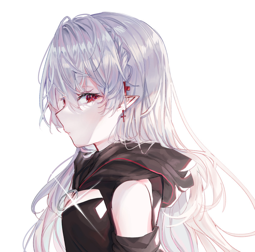 1girl 414_(hncx3355) arknights bare_shoulders black_shirt commentary_request cross cross_earrings cross_hair_ornament earrings from_side grey_hair hair_between_eyes hair_ornament highres jewelry long_hair looking_at_viewer pointy_ears red_eyes shirt simple_background sleeveless sleeveless_shirt solo upper_body very_long_hair warfarin_(arknights) white_background