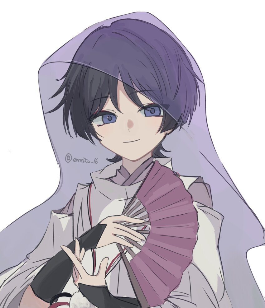 1boy armor black_hair blunt_ends closed_mouth clothing_cutout enoziku_16 eyeliner eyeshadow folding_fan genshin_impact hand_fan hands_up highres holding holding_fan japanese_armor japanese_clothes kariginu kimono kote kurokote looking_at_viewer makeup male_focus open_hands purple_eyes purple_kimono purple_sleeves purple_veil red_eyeliner red_eyeshadow scaramouche_(genshin_impact) scaramouche_(kabukimono)_(genshin_impact) see-through_clothes see-through_veil shoulder_cutout smile solo string three-quarter_sleeves twitter_username upper_body veil white_background white_sleeves wispy_bangs