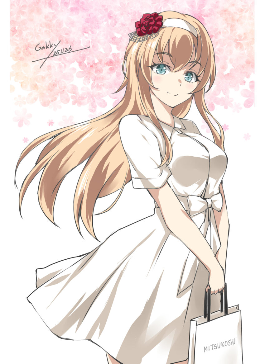 1girl bag blonde_hair blue_eyes braid breasts commentary_request cowboy_shot dated dress flower gakky hairband half_up_braid highres holding holding_bag kantai_collection long_hair looking_at_viewer mitsukoshi_(department_store) official_alternate_costume one-hour_drawing_challenge red_flower red_rose rose short_sleeves signature smile solo warspite_(kancolle) warspite_(mitsukoshi)_(kancolle) white_dress white_hairband