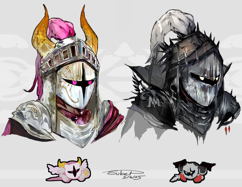 2025 2boys armor artist_name dark_meta_knight dated galacta_knight glowing glowing_eyes helmet highres holding holding_shield holding_sword holding_weapon horns humanization kirby_(series) mask multiple_boys nintendo pink_eyes shield sitting spiked_helmet sukepmonster sword upper_body weapon white_mask wings yellow_eyes