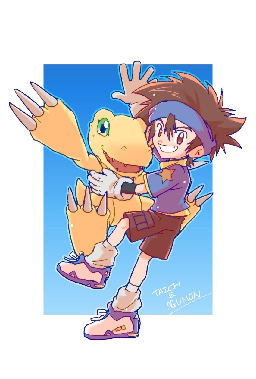 agumon blue_headband blue_shirt brown_eyes brown_hair brown_shorts digimon digimon_(creature) digimon_adventure full_body green_eyes headband highres male_focus medium_hair megane_mochi orange_scales shirt shorts yagami_taichi