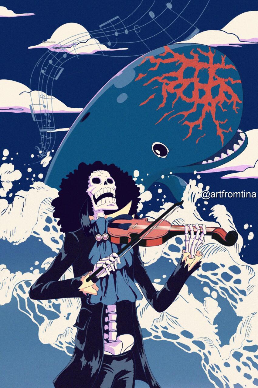 1boy absurdres afro artfromtina ascot black_hair black_jacket black_pants blue_ascot brook_(one_piece) cloud commentary highres holding holding_instrument holding_violin instrument jacket laboon musical_note musical_staff one_piece pants scar scar_on_face skeleton smile twitter_username violin waves whale