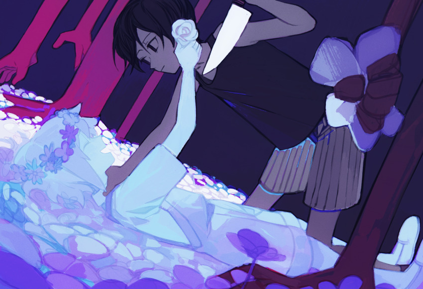 2boys ^_^ bare_arms bare_shoulders basil_(headspace)_(omori) basil_(omori) black_eyes black_hair black_tank_top boy_on_top chinese_commentary closed_eyes closed_mouth colored_skin commentary_request dutch_angle empty_eyes extra_arms facing_another field flower flower_field flower_wreath from_side full_body hair_between_eyes hair_spread_out hand_on_another&#039;s_neck hand_up head_wreath highres holding holding_flower holding_knife imminent_stabbing kitchen_knife knife looking_at_another lying male_focus moonskysoon multiple_boys no_pupils omori omori_(omori) on_back open_mouth overall_shorts overalls profile rose shoes short_hair short_sleeves shorts smile striped_clothes striped_shorts tank_top vertical-striped_clothes vertical-striped_shorts white_flower white_rose white_shorts white_skin