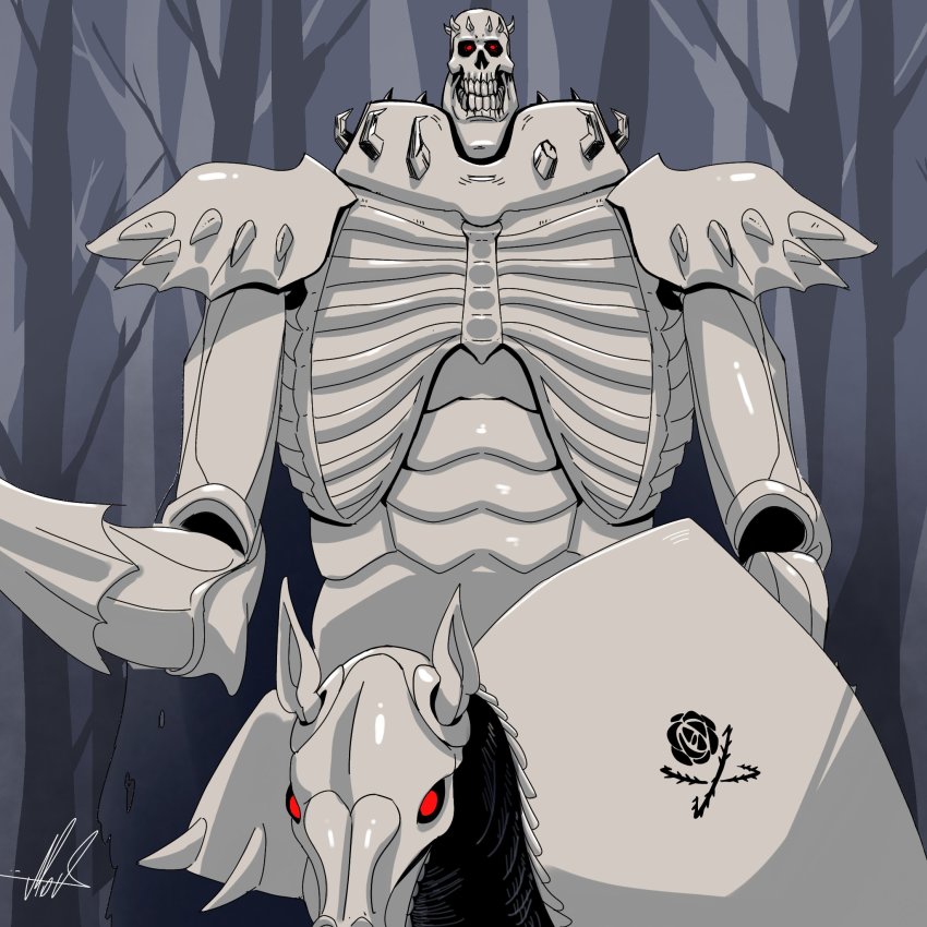 1boy armor berserk edward_newgate glowing glowing_eyes highres levi_art looking_at_viewer male_focus meme one_piece outdoors portuguese_commentary shield shoulder_armor signature skeleton skeleton_horse skull skull_knight_(berserk) solo the_one_piece_is_real_(meme)