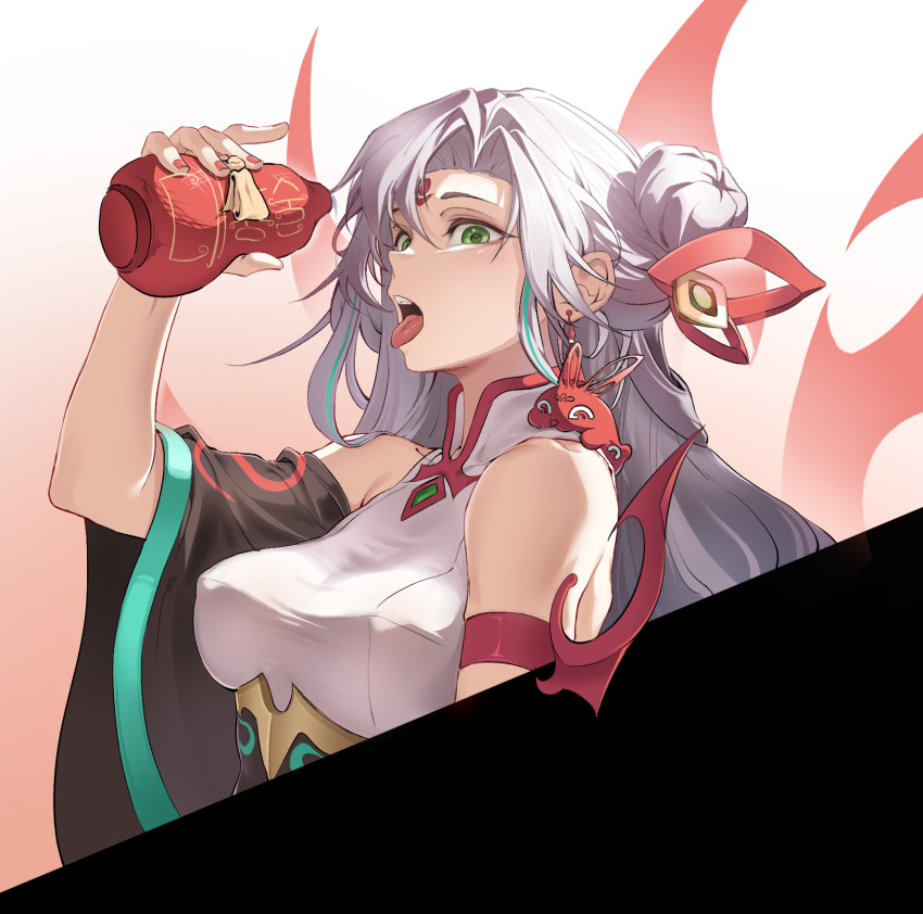 1girl bare_shoulders black_sleeves breasts commentary cowboy_shot detached_sleeves english_commentary gourd gradient_background green_eyes hair_between_eyes hair_bun highres holding holding_gourd irelia jusaper large_breasts league_of_legends long_hair looking_at_viewer mythmaker_irelia official_alternate_costume open_mouth pink_background shirt single_hair_bun sleeveless sleeveless_shirt solo tongue tongue_out white_hair white_shirt