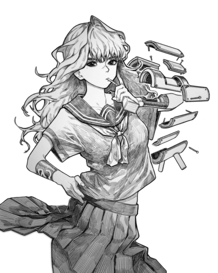 1girl absurdres armband bracelet breasts closed_mouth commentary cowboy_shot cyborg drink drinking drinking_straw drinking_straw_in_mouth english_commentary floating floating_hair floating_object greyscale hand_on_own_hip hand_up highres holding holding_drink jewelry juice_box long_hair looking_at_viewer making-of_available mechanical_arms mechabare medium_breasts midriff_peek mole mole_under_eye monochrome neckerchief original pleated_skirt redrawn scar scar_on_face scar_on_nose short_sleeves simple_background single_mechanical_arm skirt solo zero808w