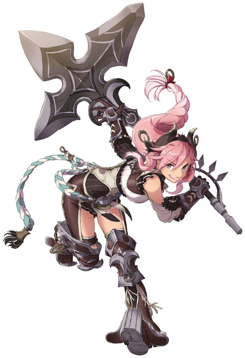 1girl :d animal_ears bent_over boots braid braided_ponytail cow_ears cow_horns cow_tail full_body gloves green_eyes highres holding holding_polearm holding_weapon horns knee_guards long_hair nakbe o-ring official_art open_mouth partisan_(weapon) pink_hair pleated_skirt polearm raging_bull_(ys) rope shirt simple_background skirt smile solo standing standing_on_one_leg tachi-e tail thighhighs third-party_source v-shaped_eyebrows vambraces weapon white_background ys ys_ix_monstrum_nox zettai_ryouiki