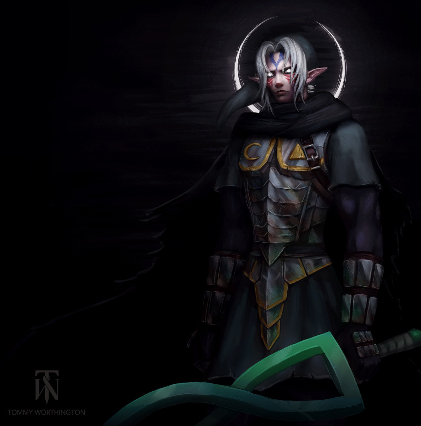1boy absurdres armor black_cape black_hat black_tunic breastplate cape dark dark_persona facepaint facial_tattoo fierce_deity gloves glowing glowing_eyes grey_sleeves hat highres holding holding_sword holding_weapon layered_sleeves long_sleeves looking_at_viewer male_focus moon nintendo no_pupils pointy_ears short_over_long_sleeves short_sleeves solo sword tattoo the_legend_of_zelda the_legend_of_zelda:_majora&#039;s_mask tommy_worthington torn_cape torn_clothes tunic watermark weapon web_address white_eyes white_hair