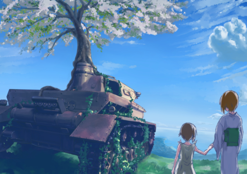 10s 2girls aged_up anglerfish blue_kimono cherry_blossoms child cloud cloudy_sky commentary day dress fish from_behind girls_und_panzer goripan holding_hands ivy japanese_clothes kimono long_sleeves military military_vehicle mother_and_daughter motor_vehicle multiple_girls nishizumi_miho ocean outdoors panzer_iv panzer_iv scenery short_hair sky standing tank tree white_dress wide_sleeves