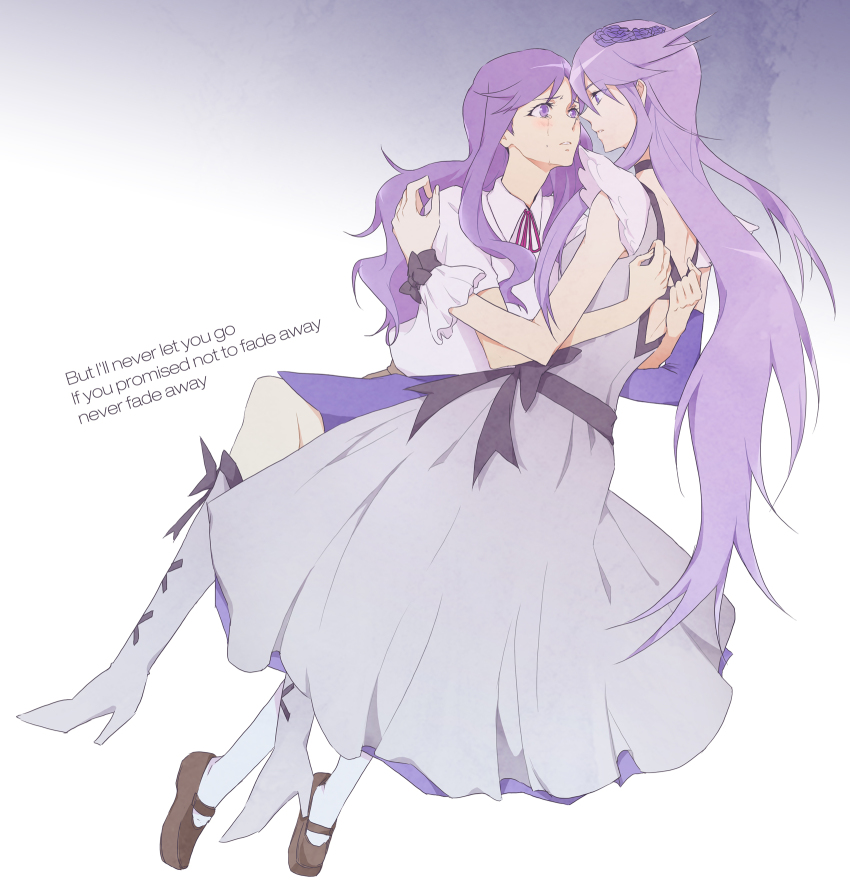 10s 2girls bad_id boots bow choker cure_moonlight dress english_text flower hair_flower hair_ornament heartcatch_precure! highres hug knee_boots kurumi_momoka light_purple_hair long_hair lyrics magical_girl multiple_girls negom precure purple_eyes purple_hair rose tears tsukikage_yuri waist_bow yuri