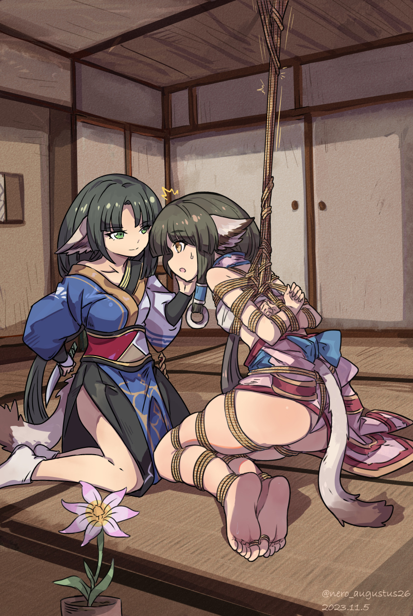 2girls absurdres ainu_clothes animal_ears arms_behind_back artist_name bare_legs barefoot bdsm bondage bound bound_toes bow chest_sarashi clothes_down clothes_lift collarbone covered_erect_nipples crotch_rope eruruu eye_contact flower from_side green_eyes green_hair hair_ornament hair_tubes hand_on_another&#039;s_face highres holding holding_knife indoors knife long_hair long_sleeves looking_at_another multiple_girls nero_augustus off_shoulder on_floor panties ponytail ring_hair_ornament rope sarashi shibari sidelocks smile soles surprised suspension sweat tail tatami underwear utawarerumono vase yellow_eyes