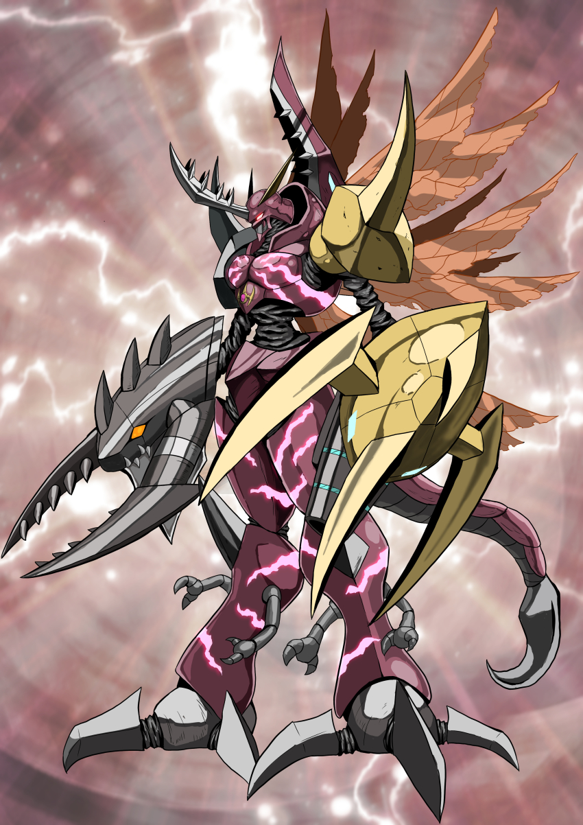 absurdres claws digimon digimon_(creature) fusion glowing glowing_eyes grankuwagamon heraklekabuterimon highres horns omegamon oridigi original pincers red_eyes sutunununu tail yellow_eyes