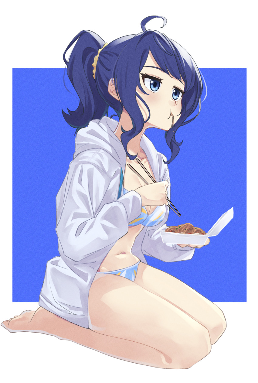 1girl 53c_(ray_cordova) ahoge bikini bikini_under_clothes blue_background blue_bikini blue_eyes blue_hair border breasts chopsticks cleavage closed_mouth collarbone commentary eating english_commentary full_body grey_jacket highres holding holding_chopsticks hood hood_down hooded_jacket jacket make_heroine_ga_oo_sugiru! medium_breasts open_clothes open_jacket ponytail seiza simple_background sitting solo swimsuit white_background white_border yanami_anna