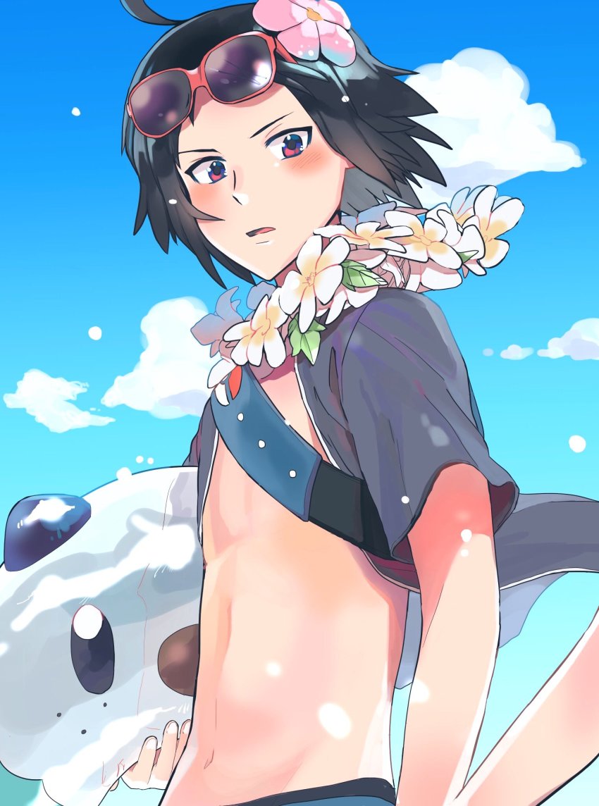 1boy ahoge alternate_costume black_hair blue_eyes blue_male_swimwear blue_sky blush cheren_(pokemon) cloud eyewear_on_head flower flower_necklace from_side gen_5_pokemon hair_flower hair_ornament highres holding_hands jewelry lei lifebuoy looking_at_viewer looking_to_the_side male_focus male_swimwear nashubi_(to_infinity_wow) navel necklace nintendo open_mouth oshawott pokemon pokemon_bw2 sky sunglasses swim_ring swimsuit